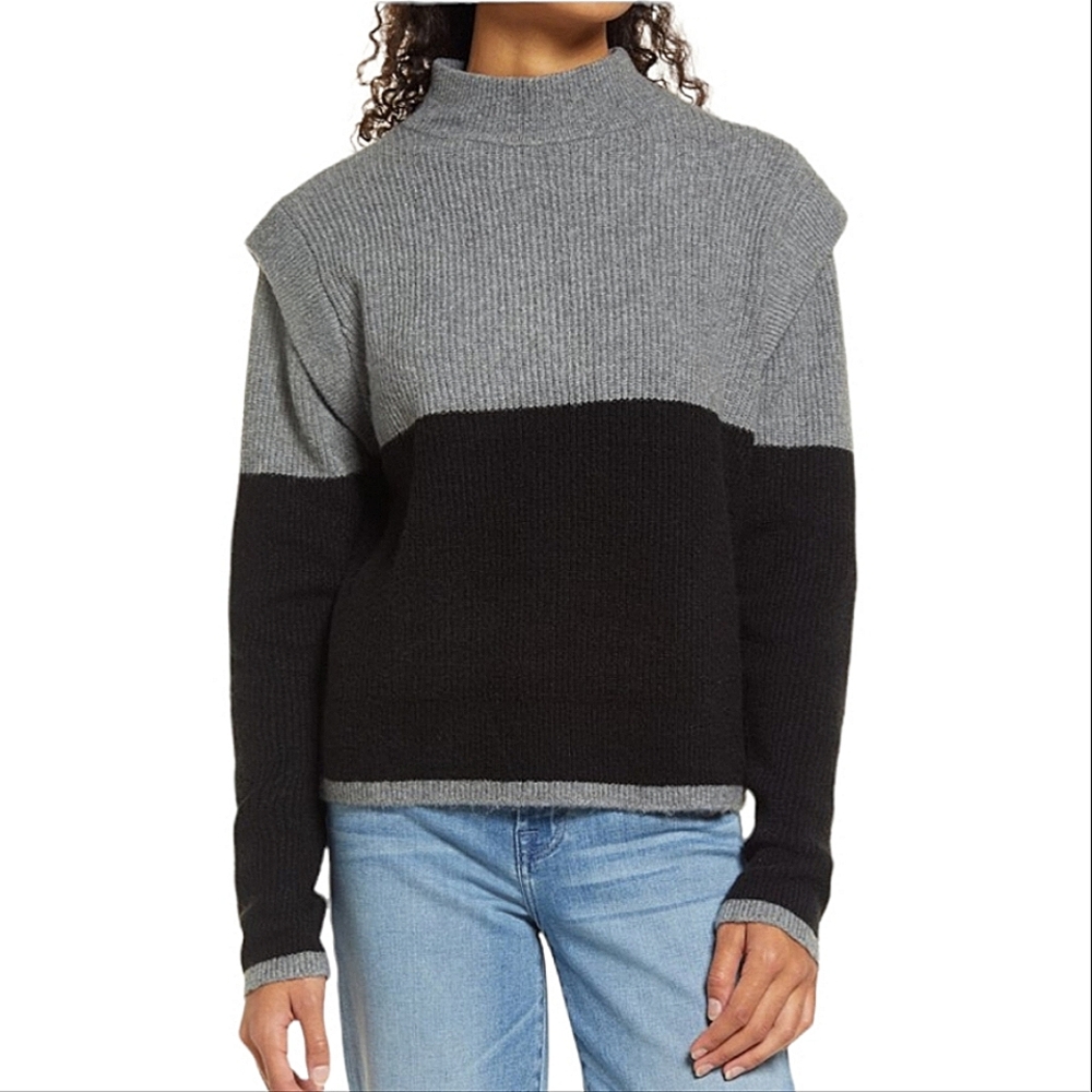 HALOGEN Black & Grey Color Block High Neck Unique Shoulder Long Sleeve Sweater